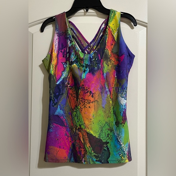 Blue Fish Tops - Blue Fish Colorful Abstract Tank Top Yoga Jogging Gym Criss Cross Back Size XL